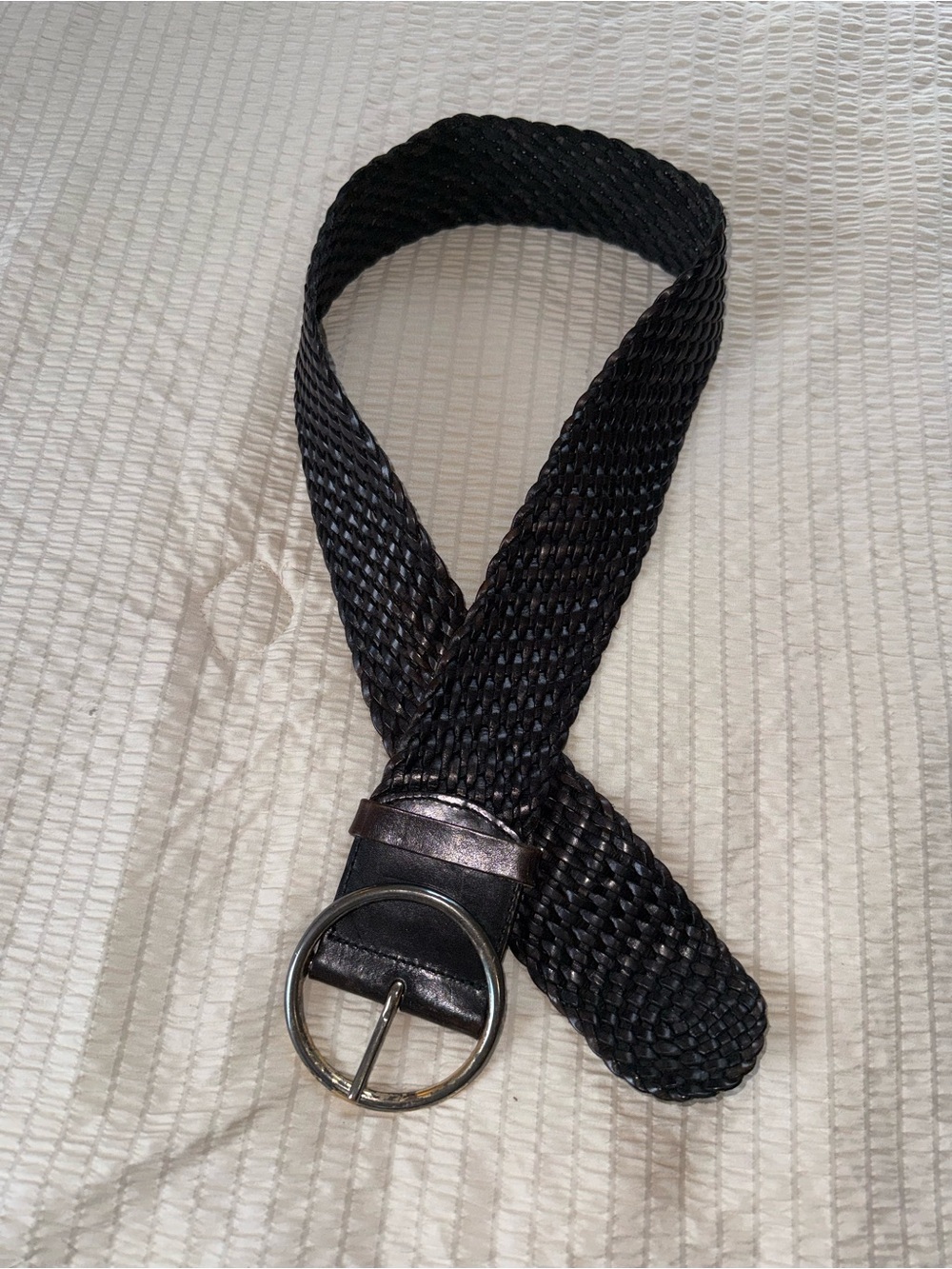 Vintage Eddie Bauer Black Woven Leather Round Brass Buckle Belt